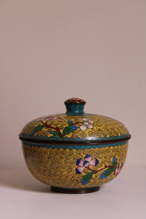 Vintage Chinese Cloisonné Covered Trinket Box – Yellow Enamel Ground