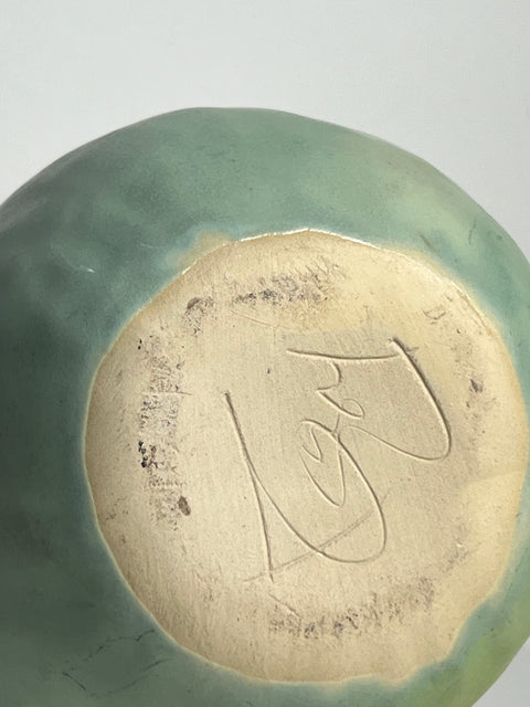 Signed  Chubby Off Kilter Green Bud Vase