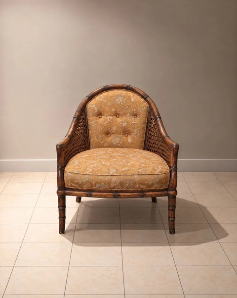 Vintage Cane-Side Barrel Armchair with Gold Floral Upholstery