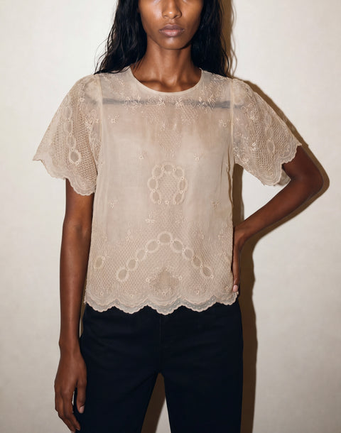 Hand-Embroidered Cream Sheer Vintage Blouse