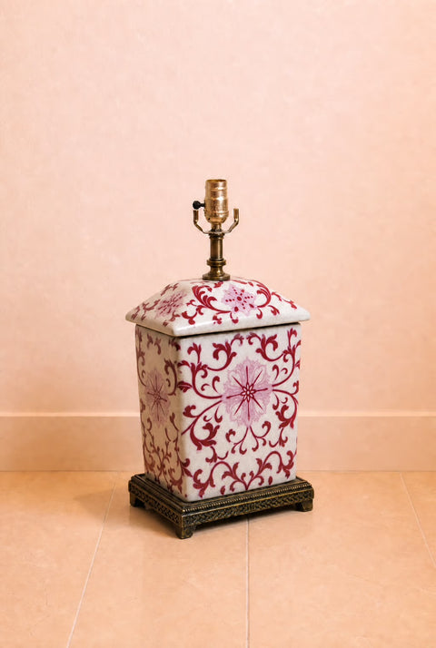 Vintage English Porcelain Covered Jar Table Lamp with Floral Motif