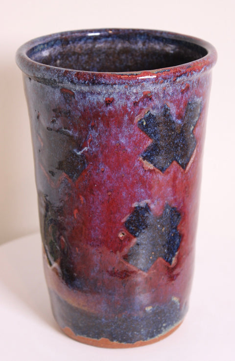 Red Blue Abstract Studio Pottery Cylinder Vase