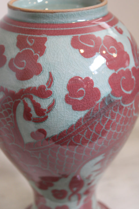 Vintage Red and Celadon Dragon Phoenix Porcelain Vase