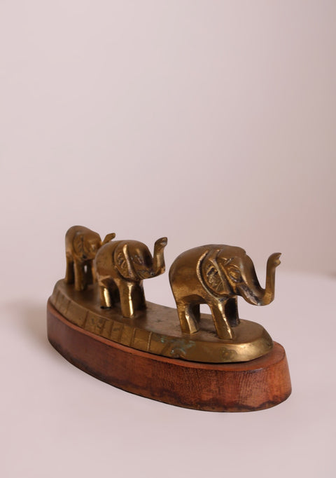 Brass Elephant Parade Sculpture on Wood Base