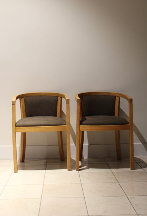 Vintage Danish Modern Oak Barrel Back Chairs | Scandinavian Lounge Armchairs Pair