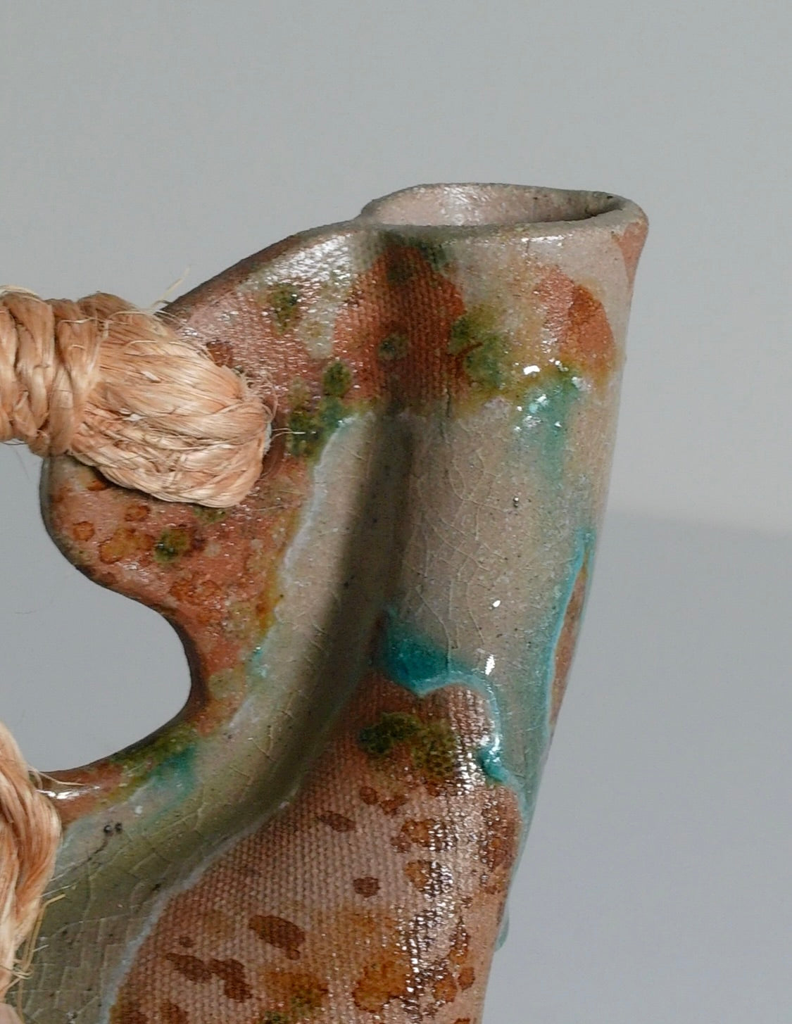 Handmade Drip Glaze Ceramic Vase with Rope Handle - Vintage