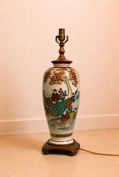 Vintage Japanese Satsuma Porcelain Table Lamp with Peacock & Floral Motif
