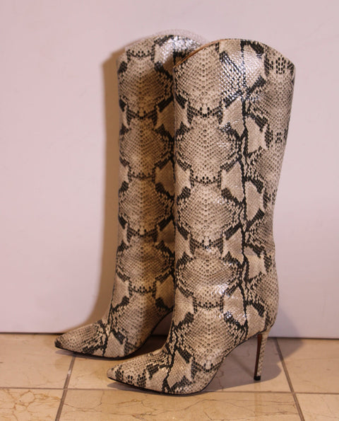 Schutz Snakeskin Print Leather Knee-High Boots