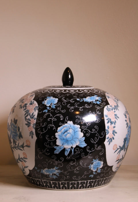 Vintage Black and Blue Floral Covered Porcelain Jar