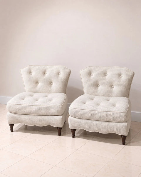 Ivory Button-Tufted Slipper Chairs with Scalloped Bases – Pair
