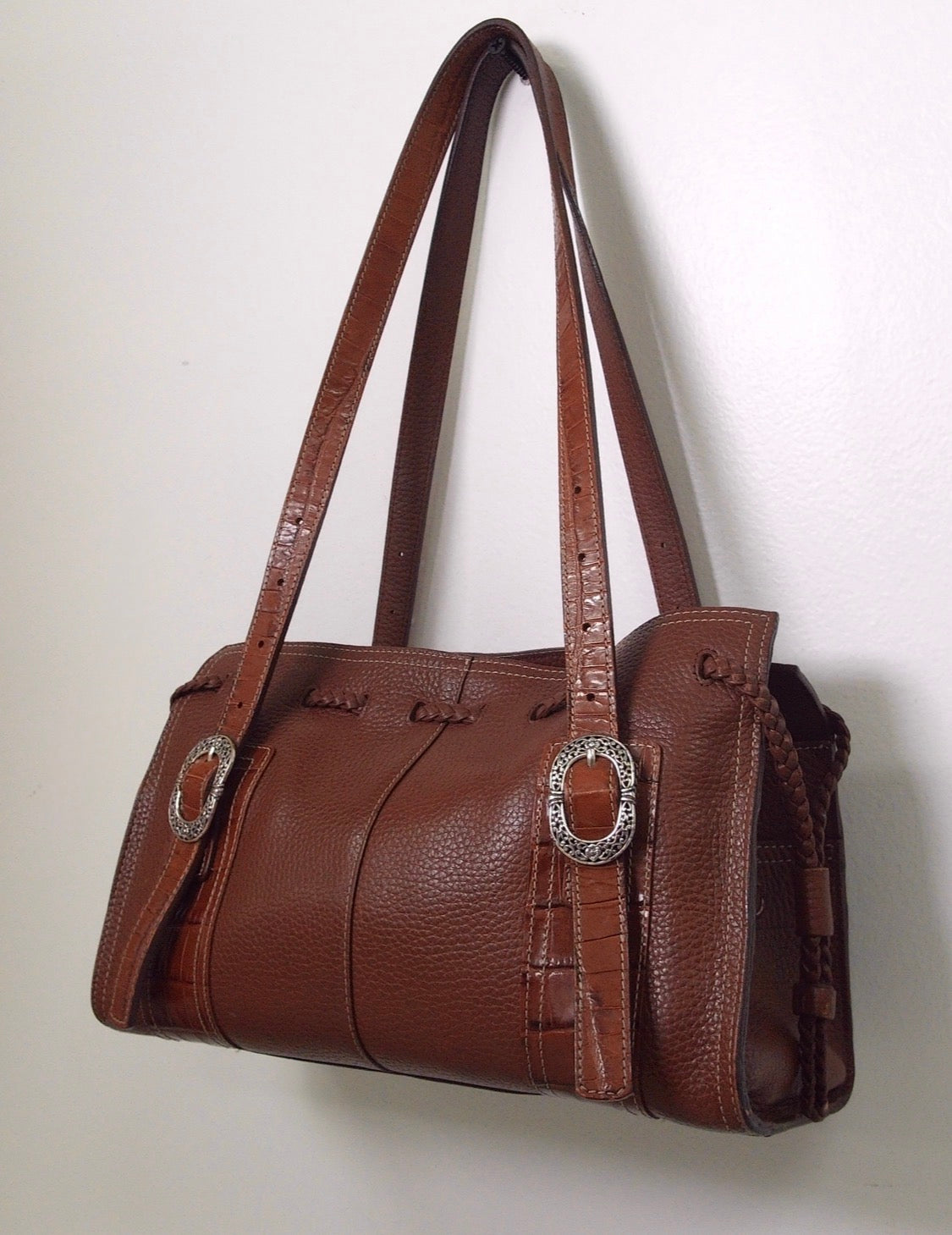 Pre Owned Brighton Brown Pebbled Leather Satchel | Croc Trim | Silver Buckle Hardware | Braided Detail
