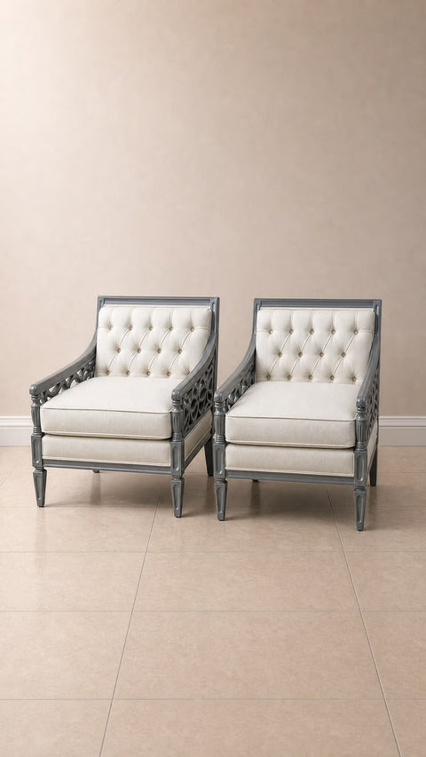 Pair Vintage Fretwork Grey Lacquered Chairs