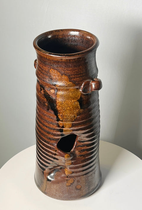 Signed Brown Glazed Clay Vase