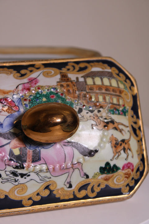 Vintage Black and Gold Porcelain Covered Box with Dog Scene