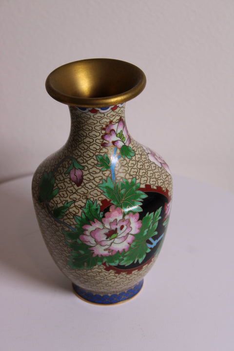 Vintage Chinese Cloisonné Peony Vase – White Enamel Ground