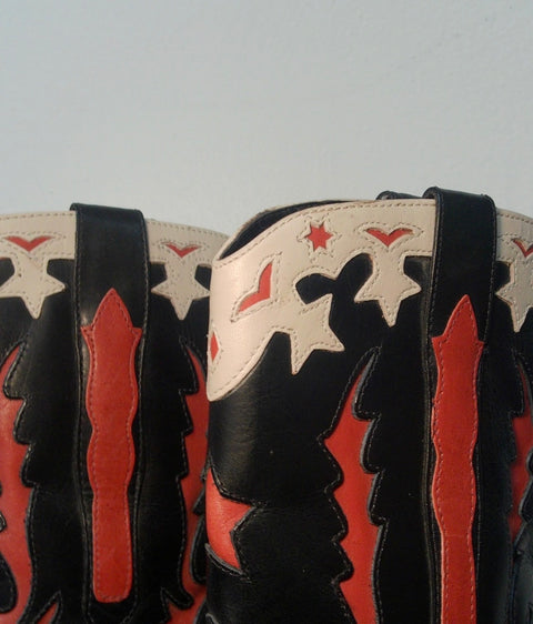 Pre Owned Black Leather Cowboy Boots | Red & White Inlay Western Boots | Pointed Toe Statement Boots (Vintage)