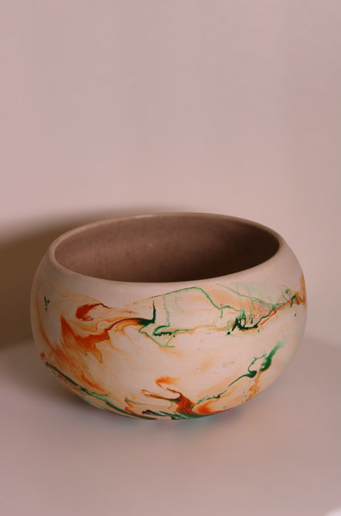 Vintage Nemadji Pottery Abstract Marble Bowl Green Orange Black Swirl