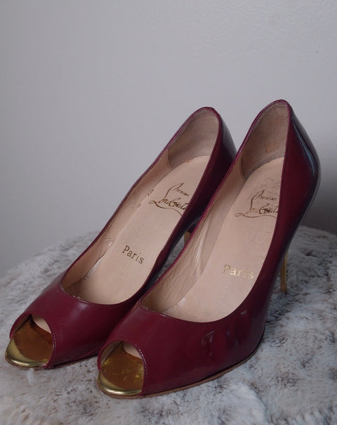 Pre Owned Christian Louboutin Burgundy Patent Peep Toe Heels | Red Sole Gold Heel Pumps | Designer Evening Shoes