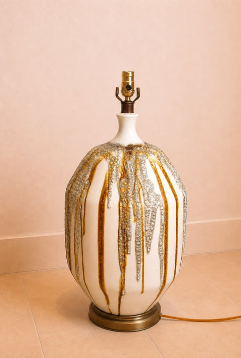 Vintage Jumbo Drip Glaze Ceramic Table Lamp – Mid Century Modern Caramel & Cream