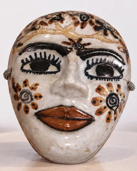 Hand-Painted Floral Folk Art Ceramic Face Mask Wall Decor