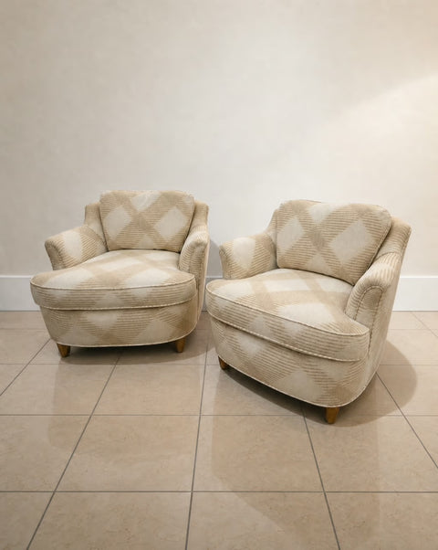 Pair of Cream Ivory Plaid 1940s Club Chairs