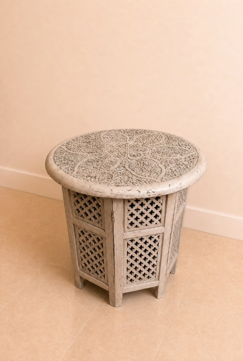 Vintage Hand-Carved Moroccan Round Accent Table | Pink Wood Side Table