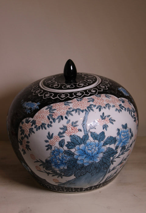 Vintage Black and Blue Floral Covered Porcelain Jar