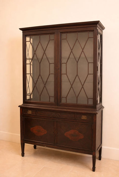 English Mahogany Inlaid Leaded Glass Display Cabinet