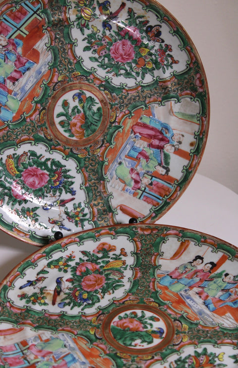 Antique Chinese "Canton" Rose Medallion Porcelain Plates, Circa 1900's