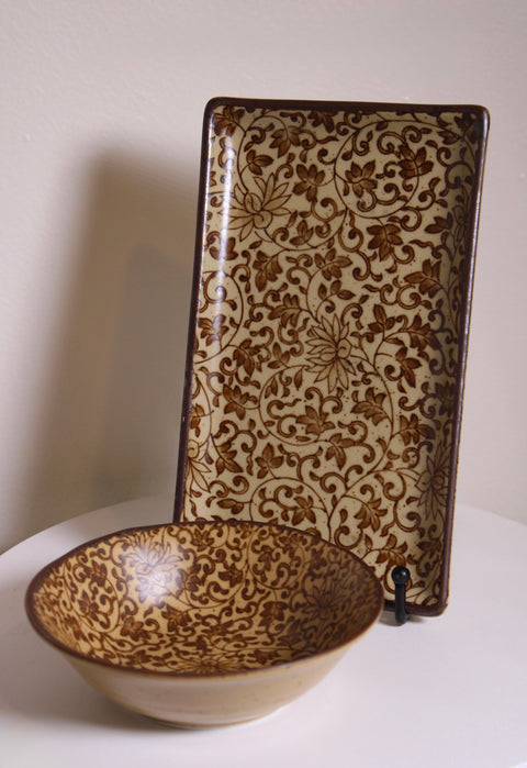 Vintage Brown Floral Scroll Plate and Bowl Set Japanese Style Decorative Serveware