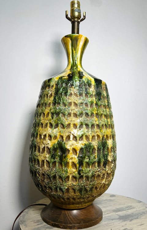 Original Mid-Century Ceramic Green and Yellow Pineapple Style Lamp