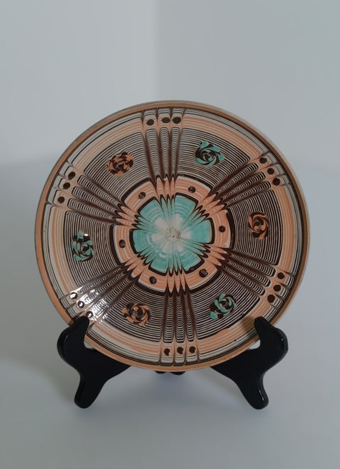 Vintage Hand-Painted Geometric Folk Art Pottery Plate