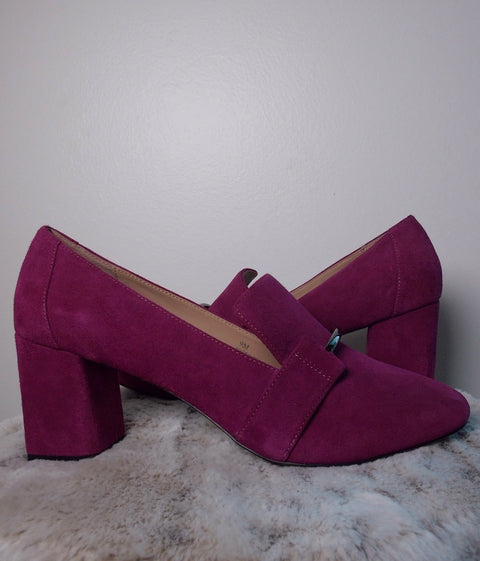 Pre Owned Tinea Prolo Purple Suede Block Heel Loafers | Structured Square Toe Pumps | Minimal Statement Heels