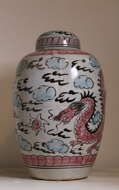 Vintage Korean Style Dragon Ginger Jar with Lid Pink Dragon and Clouds