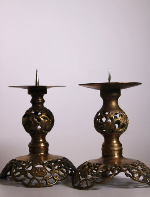 Pair of Floral Engraved Brass Candlesticks
