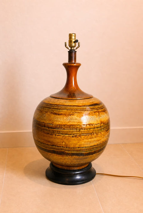 Vintage Monumental Bulbous Ceramic Table Lamp – Mid Century Modern Drip Glaze