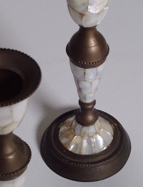 Pair of Abalone & Brass Candlestick Holders – Vintage