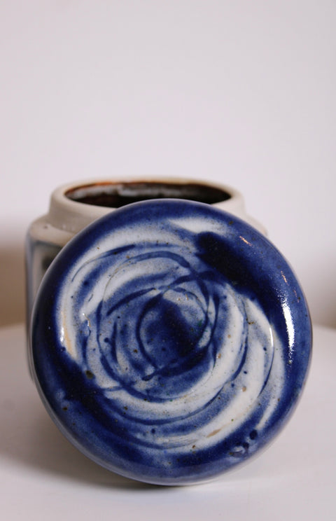 Blue and White Studio Pottery Lidded Jar