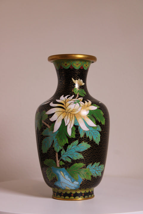 Vintage Chinese Black Cloisonné Chrysanthemum Vase