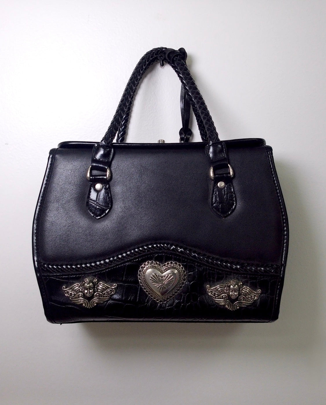 Pre Owned Brighton Black Leather Doctor Bag | Cherub & Heart Silver Concho Hardware | Braided Handles | 90s (Y2K Vintage)