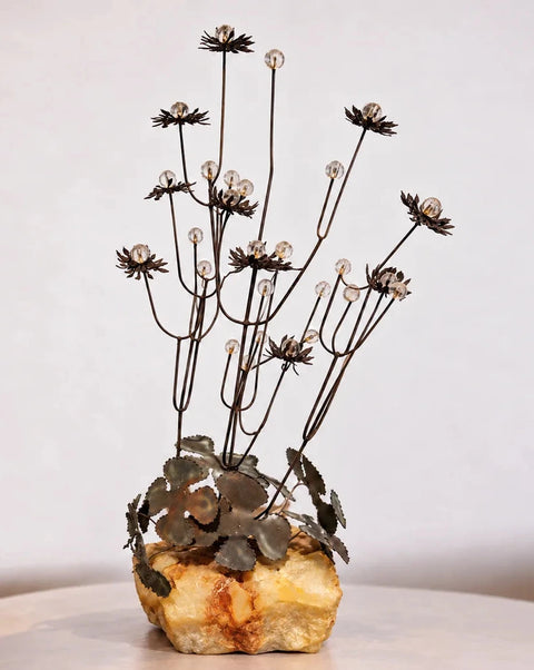 Front view of Curtis Jere-style metal flower sculpture with clear bead accents