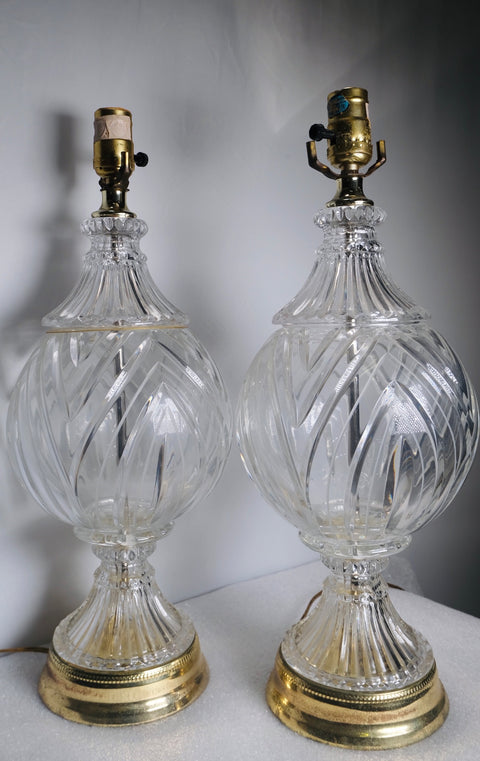 Pair of “Hollywood Regency” Crystal Ball And Brass Lamps
