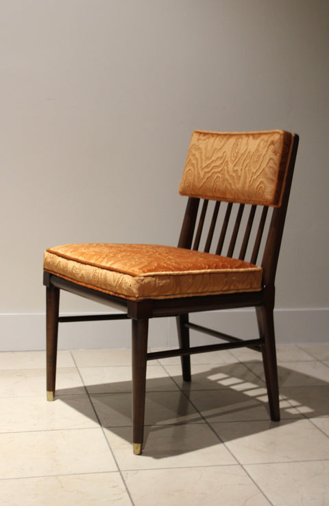 Set of 6 Mid Century Modern Walnut Dining Chairs – Brass Capped Legs & Velvet Upholstery