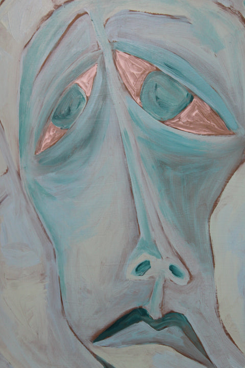 Teal Expressionist Face with Hands Painting