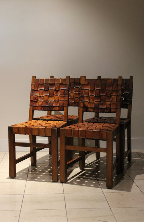 Vintage Spanish Revival Leather Strap Dining Chairs | Set of Four Brutalist Chairs