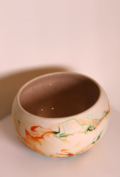 Vintage Nemadji Pottery Abstract Marble Bowl Green Orange Black Swirl