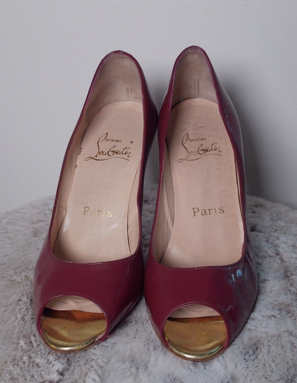 Pre Owned Christian Louboutin Burgundy Patent Peep Toe Heels | Red Sole Gold Heel Pumps | Designer Evening Shoes