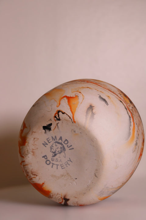 Vintage Nemadji Swirl Pottery Cylinder Bowl Cream Orange Black Marbled Clay