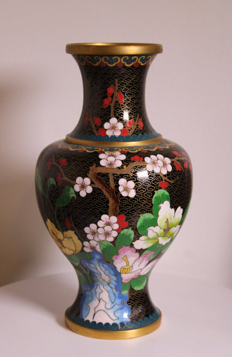 Vintage Chinese Cloisonné Black Floral Vase