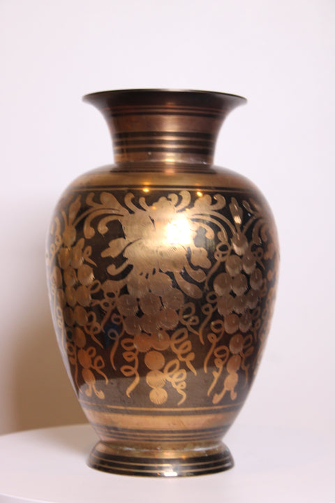 Large Floral Etched Brass Vase